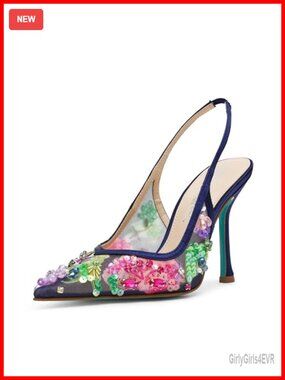 Sequined Beaded Mesh Slingback Stiletto Heel Pointed Toe Sandal